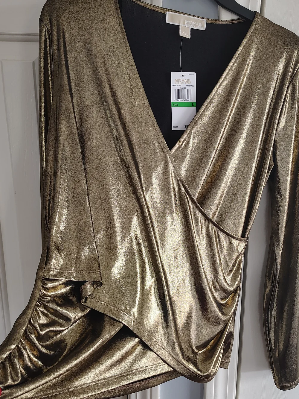 Michael Kors Shiny Metallic Gold Draped Wrap Blouse L